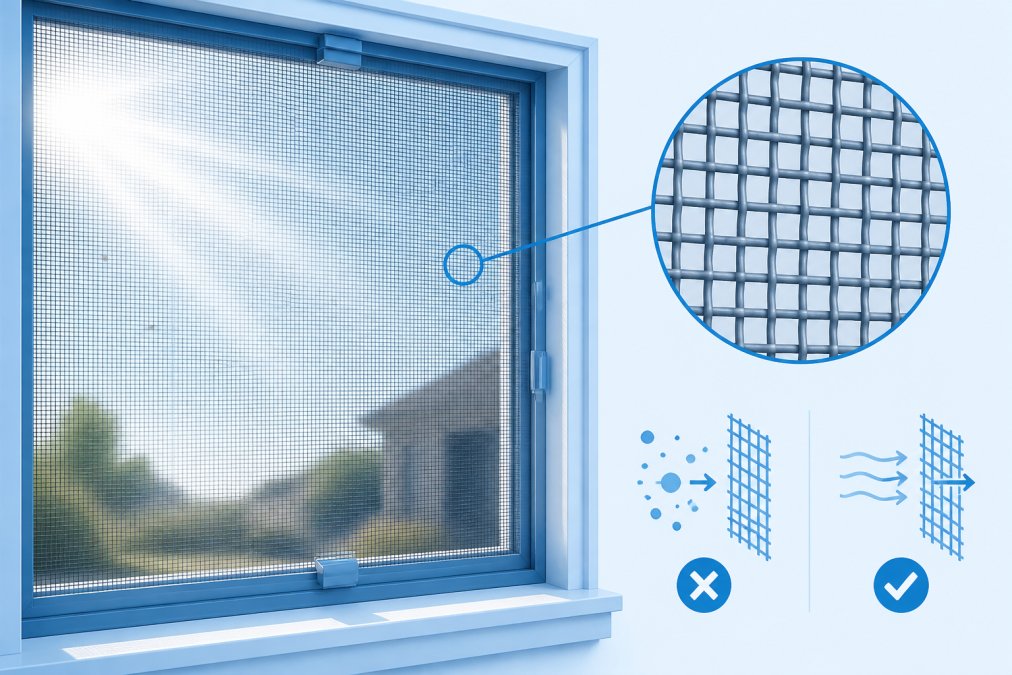 Close-up of a custom-fitted window screen with fine mesh material showing the weave pattern, mounted securely in a window frame with sunlight streaming through, revealing dust particles in the light beam outside the screen