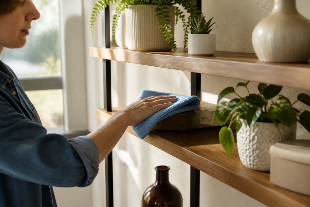 Person using a microfiber cloth to dust a wooden shelf in natural window light, demonstrating proper dusting technique with the cloth held at an angle to capture particles effectively