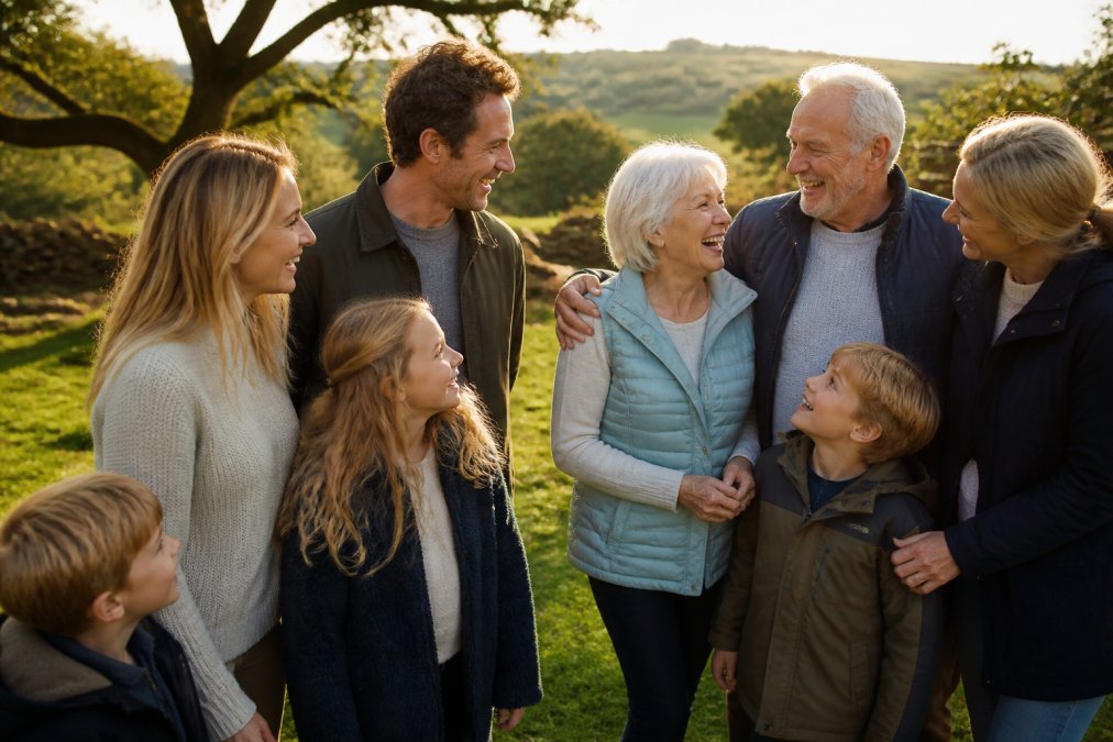 A multigenerational family group laughing together outdoors in a countryside setting, with children, adults, and older family members interacting naturally, golden afternoon light through trees