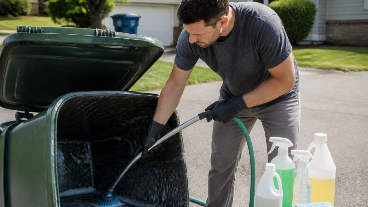 Homeowner scrubbing an outdoor trash bin with soapy water to keep flies away