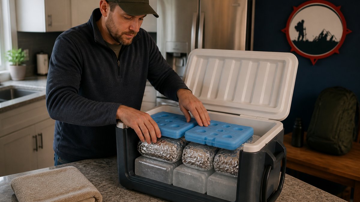 A person packing a large cooler in a home kitchen, layering ice blocks on the bottom, then foil-wrapped food, then reusable ice packs on top, with a folded towel nearby