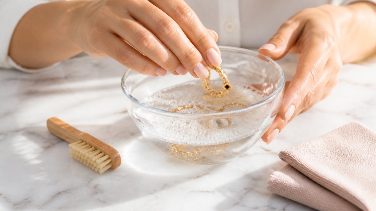 Close-up of hands gently placing gold jewelry into a clear bowl of warm soapy water, with a soft-bristled brush and folded microfiber cloth visible on a clean white marble surface in natural daylight