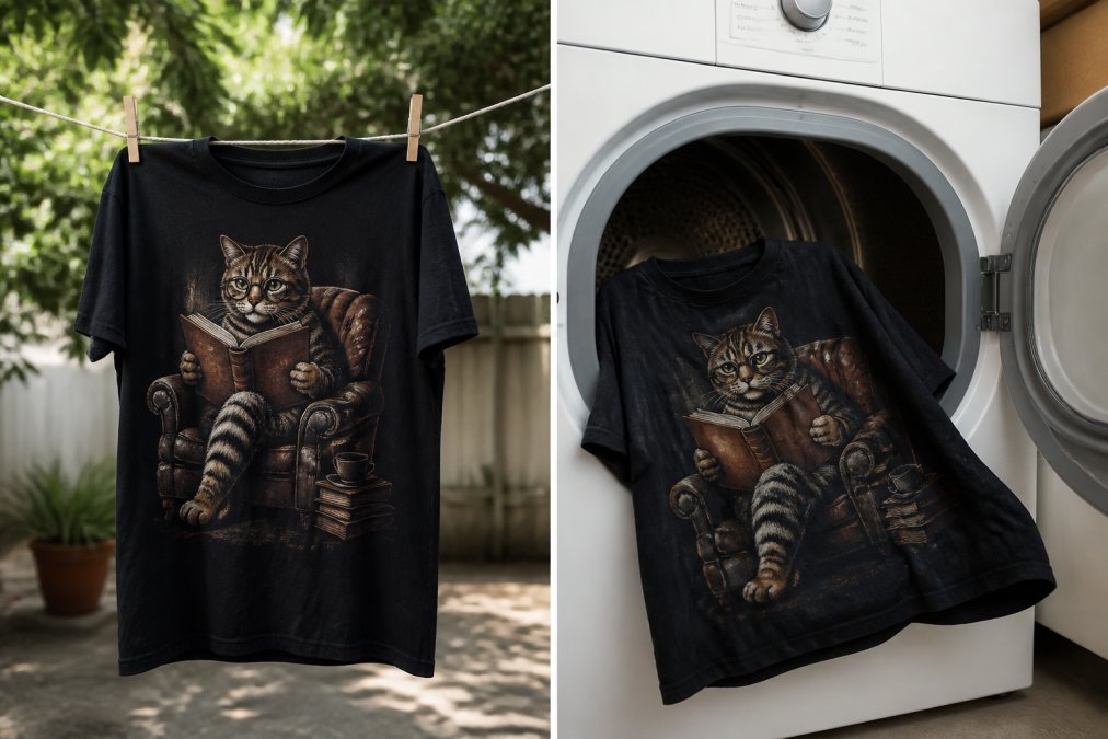 Graphic tee hanging on a clothesline to air dry in a shaded outdoor area, with soft natural daylight and no direct sunlight visible