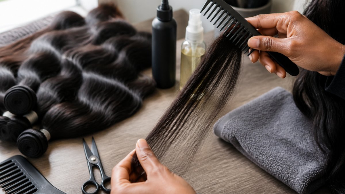 Close-up of hands gently brushing hair extensions from ends to roots using a wide-tooth comb on a section of soft human hair