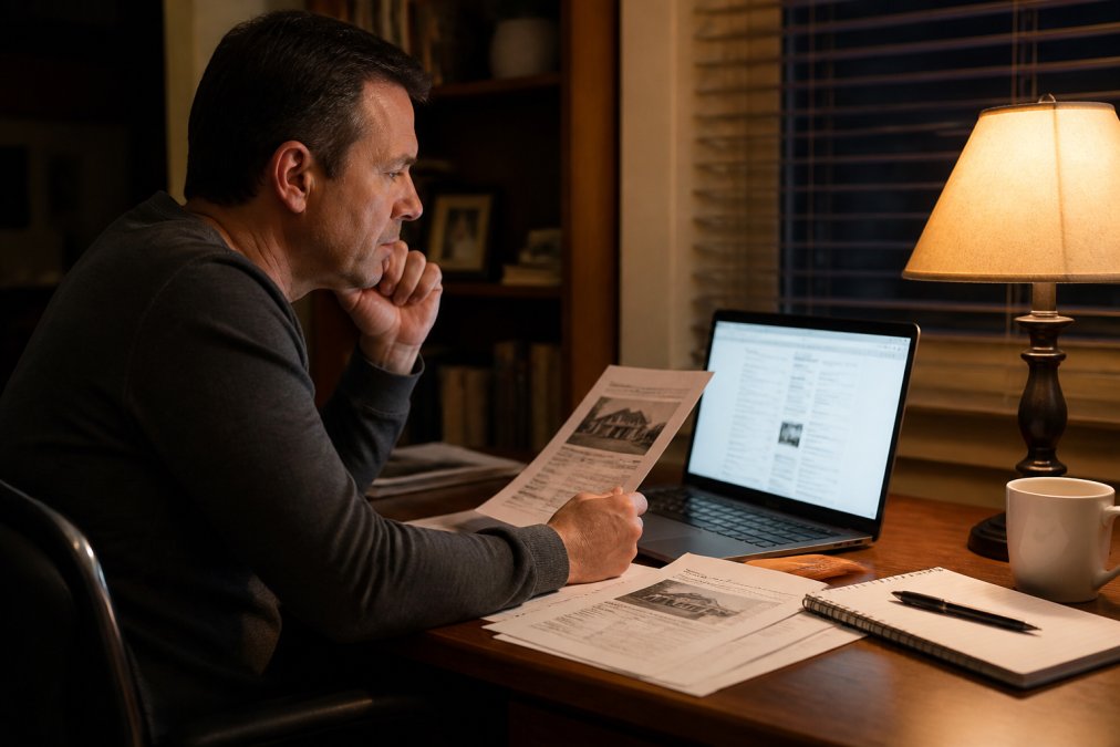 A person sitting at a home desk at night, reviewing printed property records and a laptop screen showing a search result, warm lamp light, thoughtful expression