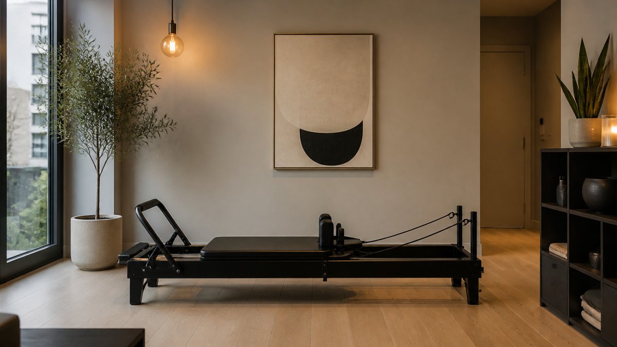 Sleek pilates reformer in a minimalist living room with soft lighting and open space for home workouts