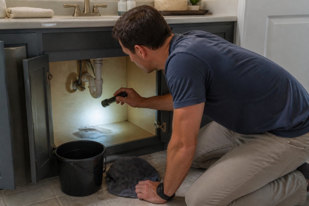 A homeowner in casual clothes using a flashlight to inspect under a bathroom sink, looking for water stains and moisture on the cabinet floor, with a small bucket and towel nearby