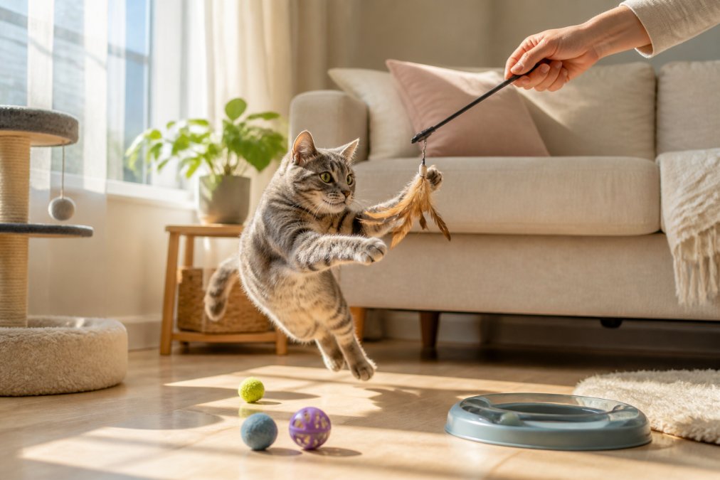 Gray tabby cat pouncing on a feather wand toy held by an owner in a sunlit living room with light wood floors