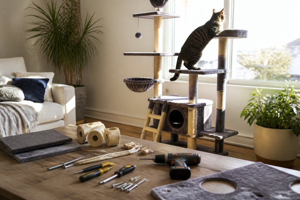 Indoor cat climbing on a multi-level cat tree near a sunny window with various shelves and climbing structures in a bright, well-lit living room