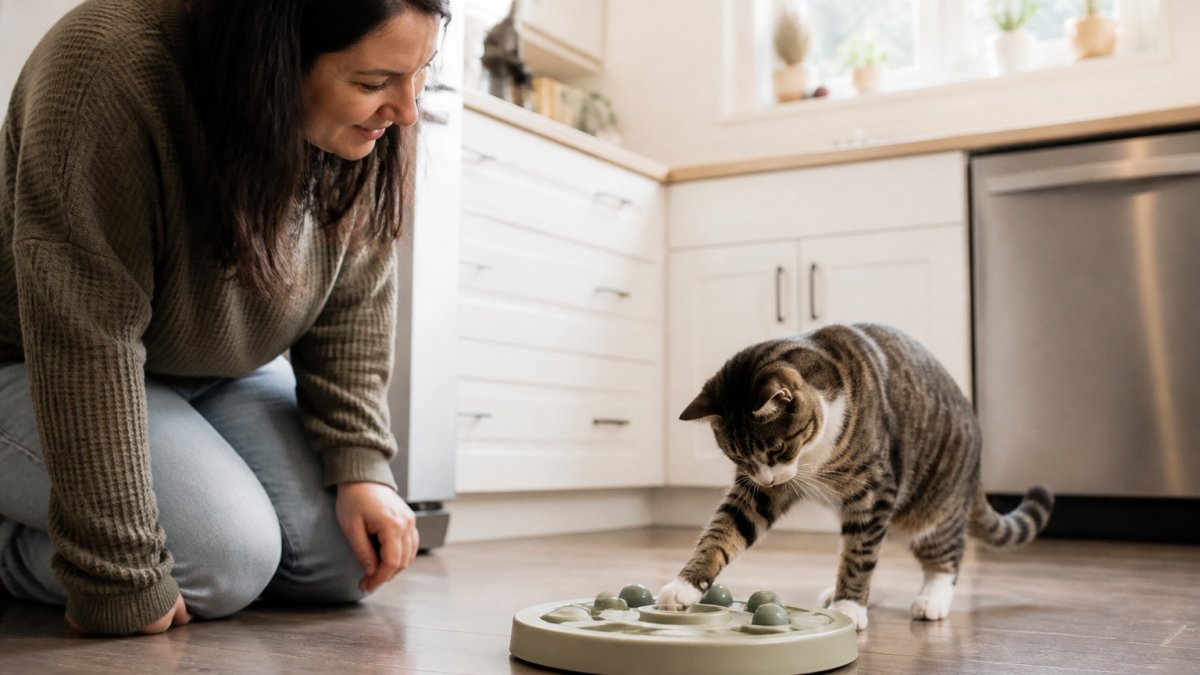 An indoor cat pawing at a puzzle feeder on a kitchen floor while its owner kneels nearby watching, bright natural light from a window