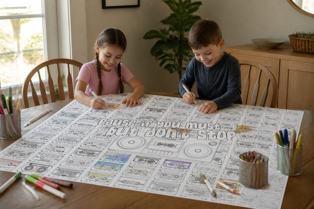 Two children of different ages sitting at a large wooden table, working together on a giant coloring sheet with markers and crayons spread across the surface, both focused and smiling with natural afternoon light streaming through a window