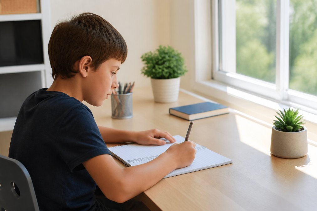 Child sitting at a clean desk with a laptop, notepad, and minimal clutter, natural light streaming through a window, focused expression on face