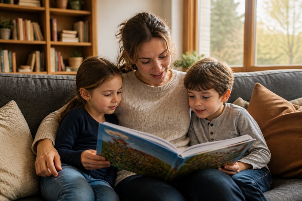 Parent and two children reading a colorful picture book on a cozy couch to keep kids engaged with books.