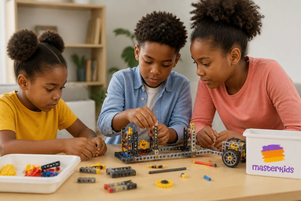 Children of mixed ages working together on a construction kit at a table, with focus and concentration on their faces as they build and test their creation