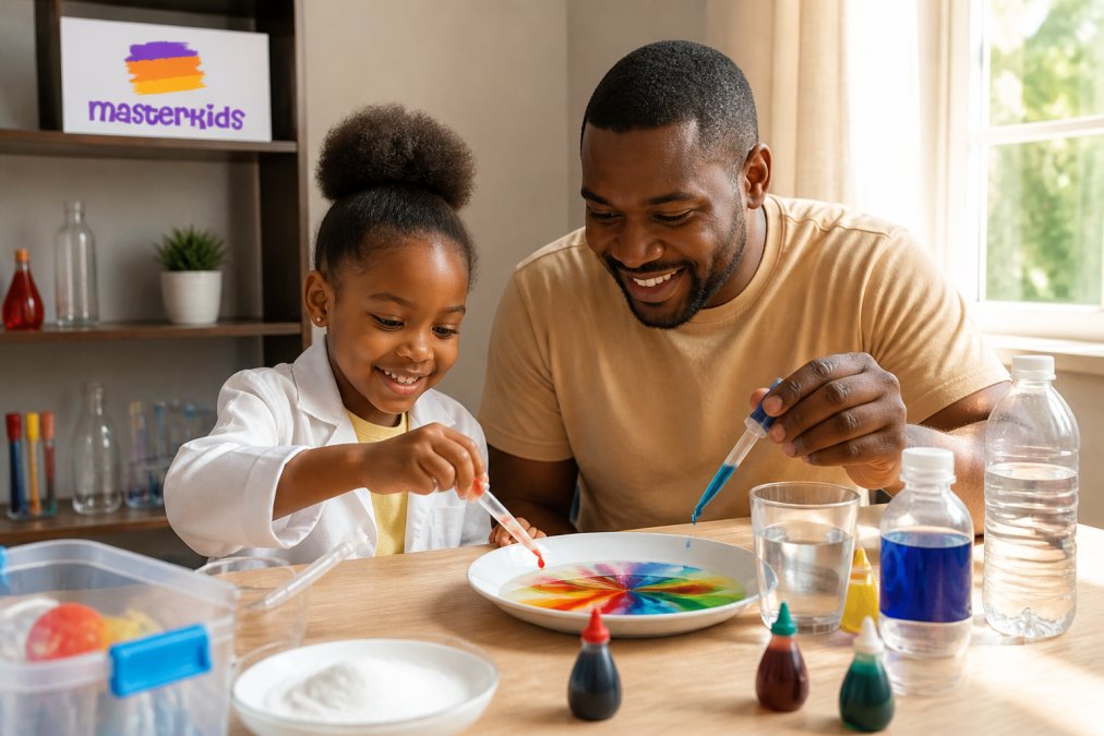 A parent and child conducting a simple science experiment at home using everyday household items like bottles, water, and food colouring, with sunlight streaming through the window
