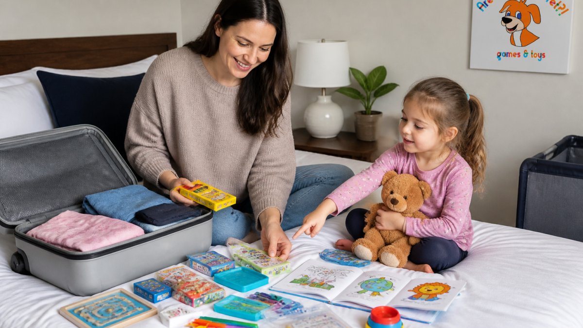 Parent packing travel games, books, snacks, and toys into a carry-on bag with a child watching