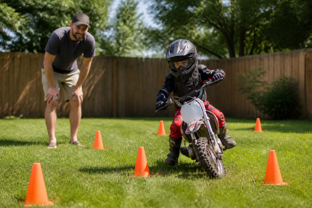 A young child on a small dirt bike wearing full protective gear, practicing a cone drill in a grassy backyard with a parent watching and giving encouragement