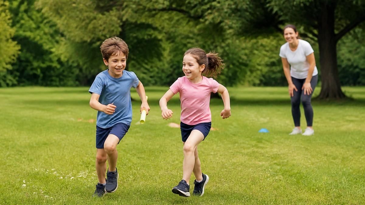 Two children laughing during a relay race in a park to help keep kids motivated as a parent watches on.