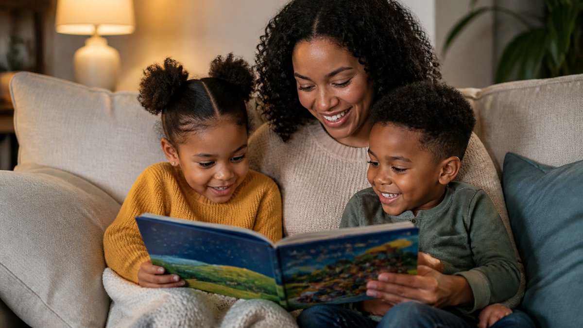 A parent and two young children reading a picture book together on a couch in a cozy, sunlit living room.