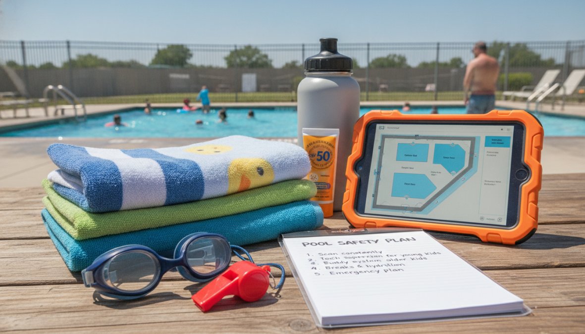 Parent actively watching children in a public pool from the deck, maintaining eye contact and staying alert without distractions, natural poolside lighting