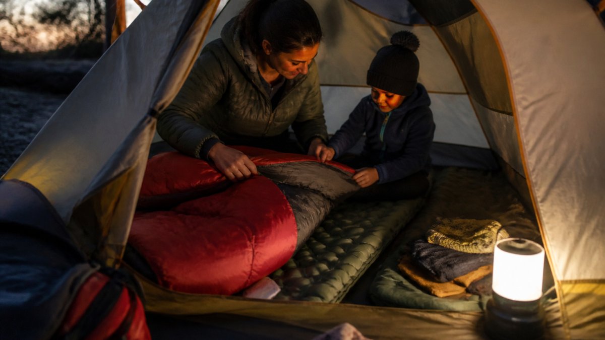 Parent and child preparing a sleeping bag and warm layers inside a camping tent at dusk