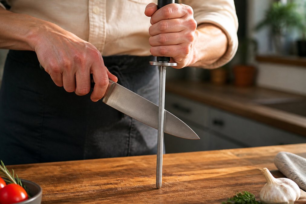 Hands using a honing steel on a wooden countertop to help keep kitchen knives sharp by realigning the blade.