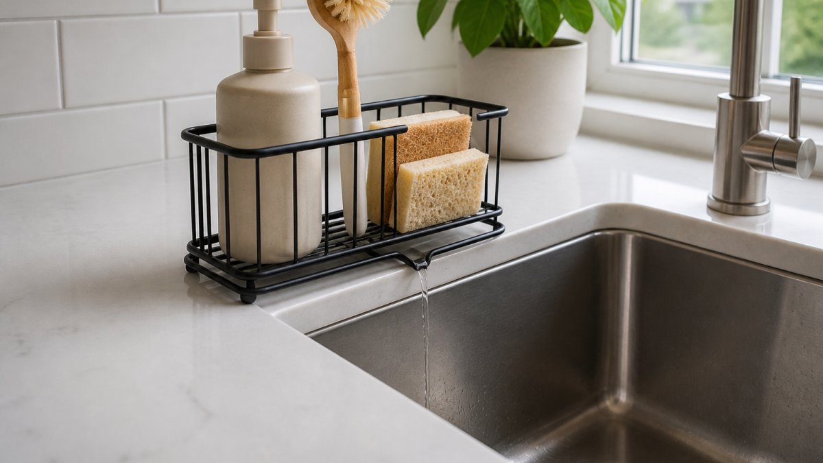 Diagram illustrating the optimal placement of a kitchen sink caddy to ensure proper airflow and drainage.