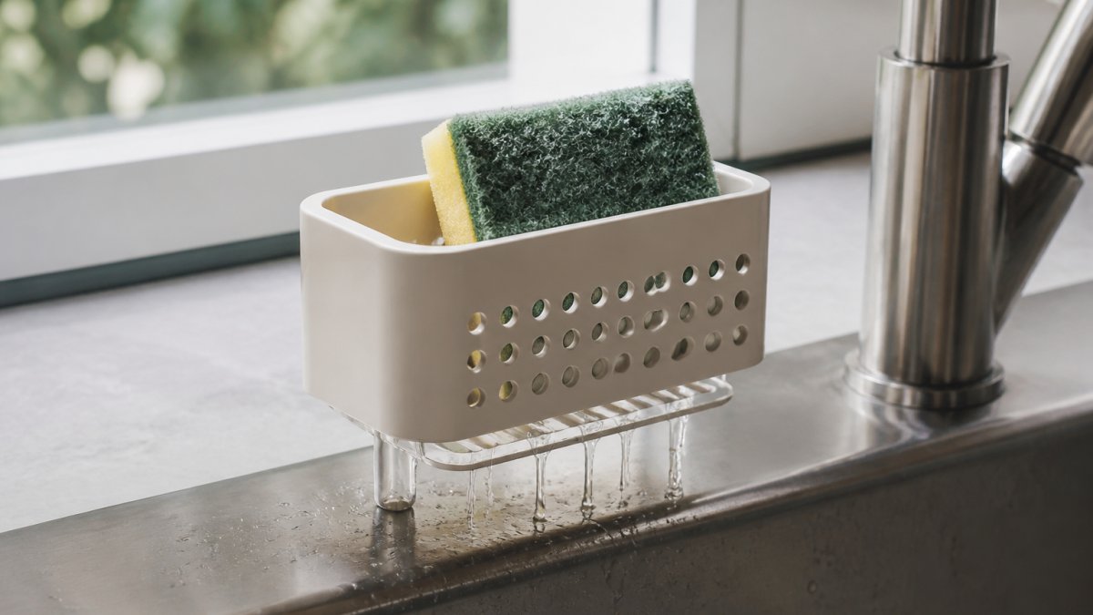 Diagram showing how a ventilated sink caddy elevates a sponge to promote airflow and drainage.
