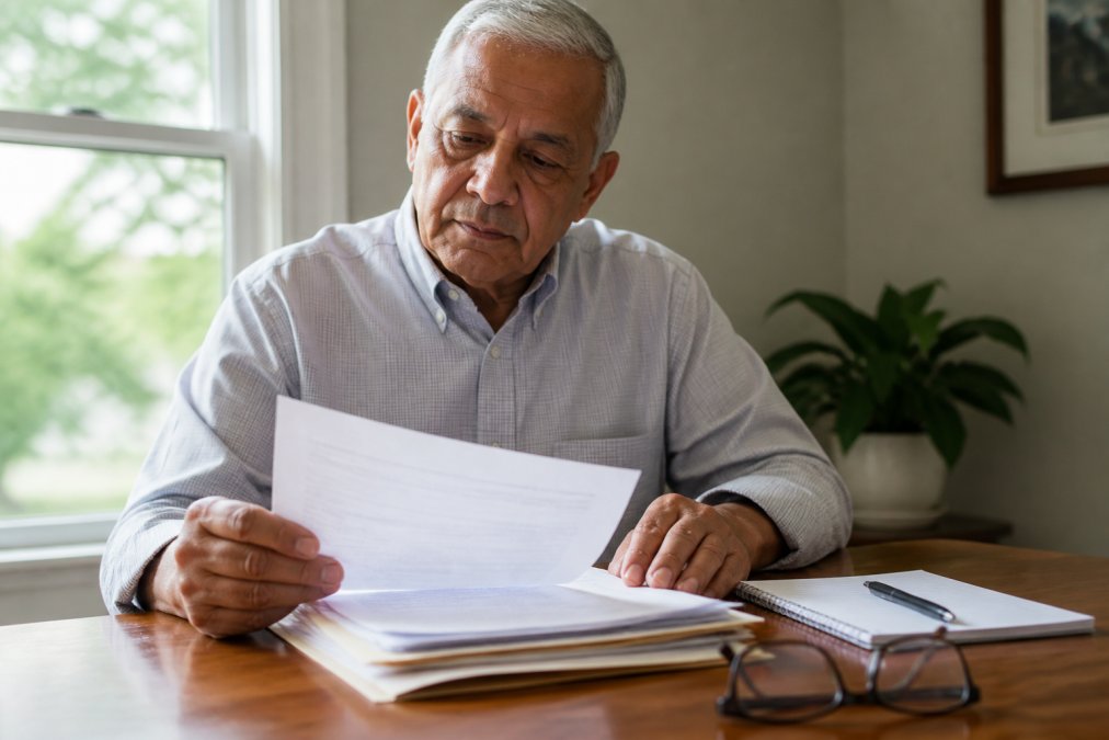 Older adult sitting at home reviewing Medicare plan documents on a tablet with glasses and a notepad nearby, natural window lighting