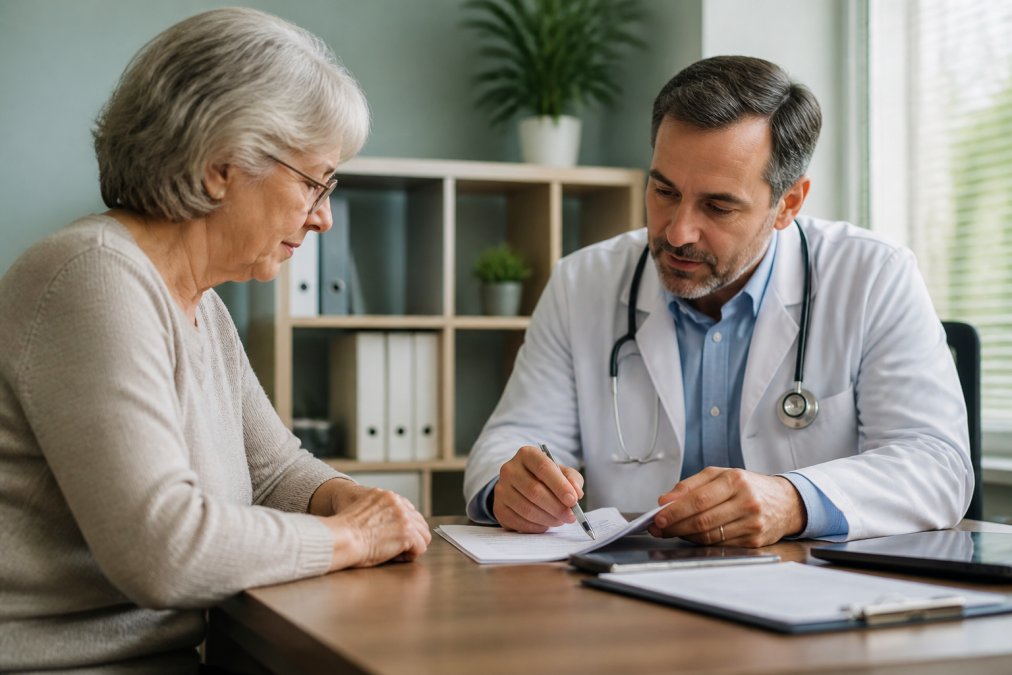 Senior patient having a consultation with a healthcare provider in a medical office, reviewing paperwork together at a desk