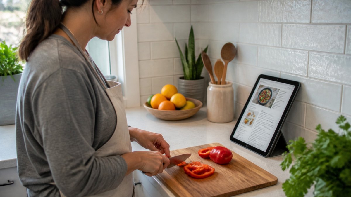 A home cook propping a tablet with online recipes readable against a kitchen backsplash by a cutting board.