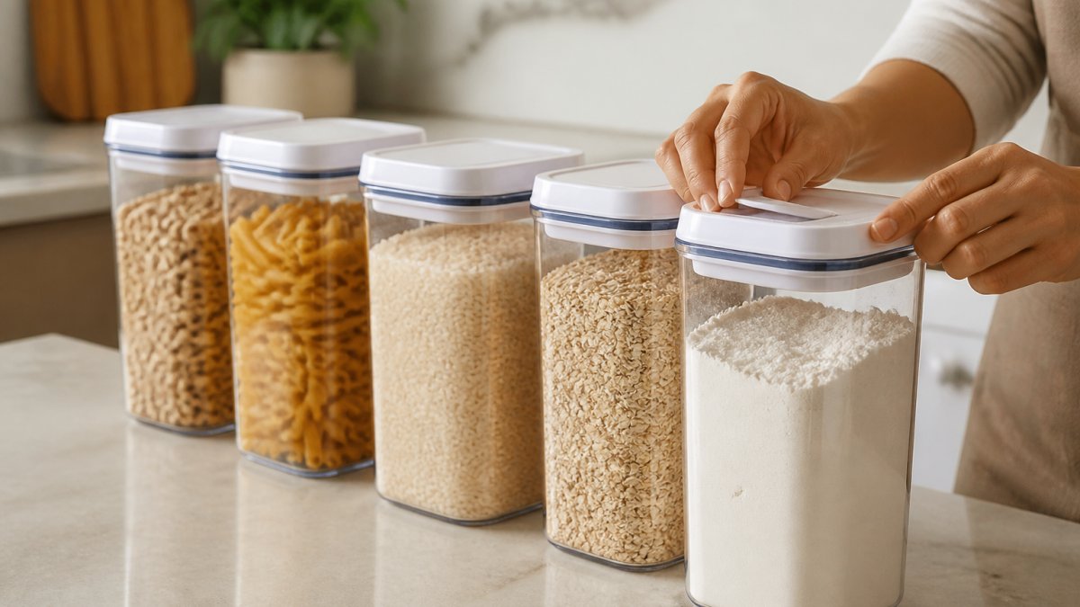 A bright kitchen counter with a row of clear stackable storage jars filled with flour, rice, pasta, and cereal, hands sealing an airtight lid on one jar