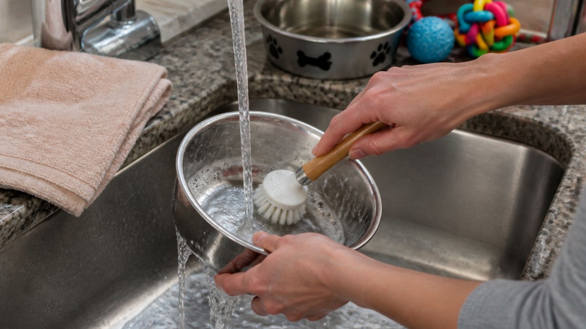 Close-up of hands scrubbing a stainless steel pet water bowl with a dedicated brush under running hot water at a kitchen sink, with soapy water visible and a clean towel nearby
