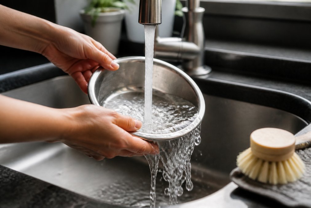 Hands rinsing a stainless steel pet water bowl under running tap water, showing clear water flowing over the bowl with a scrub brush nearby on the counter