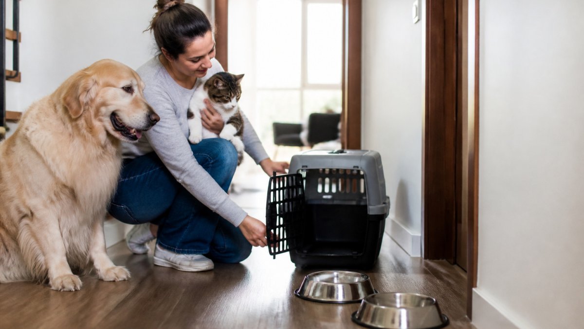 Pet owner securing a dog and cat in a carrier for safe pest control pets children procedures.