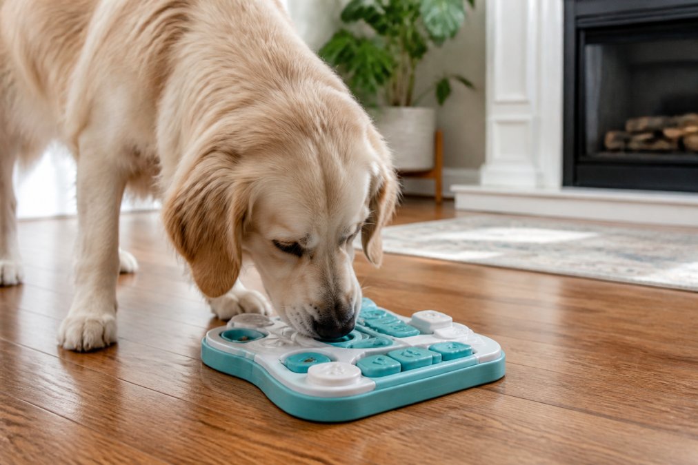 A curious dog engaging with an interactive puzzle toy, nose focused on finding treats hidden in compartments, bright natural lighting showing the dog's concentration and mental engagement