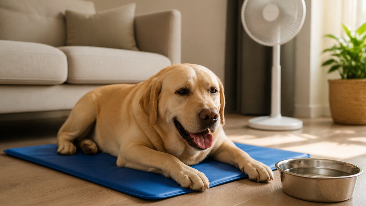 Dog resting on a cooling mat with fresh water and a fan during hot weather