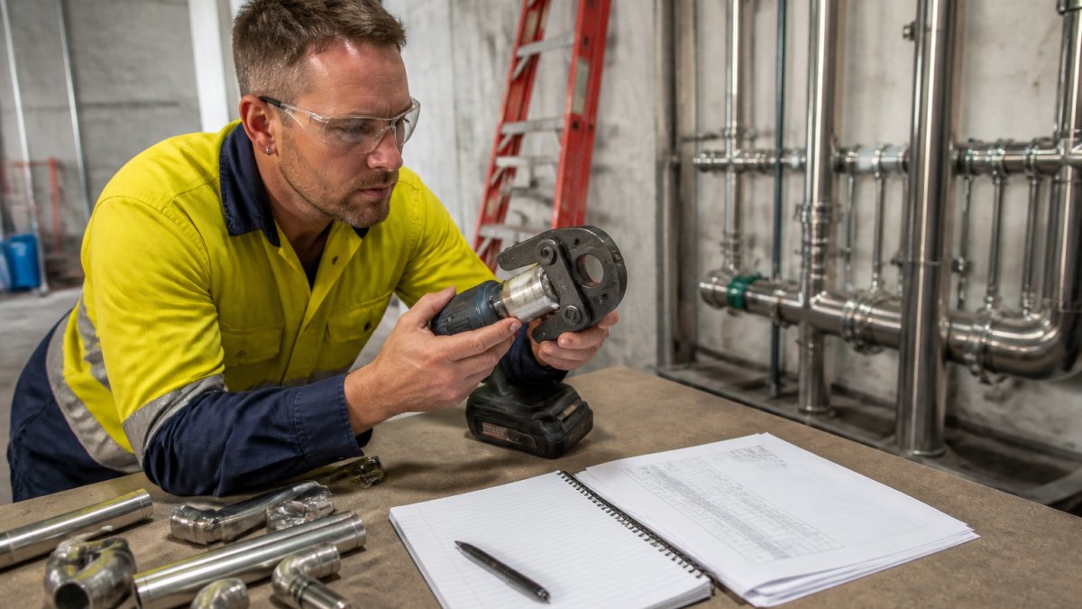 Plumber wearing safety gear inspecting press tool jaws beside a calibration certificate and logbook on a workbench