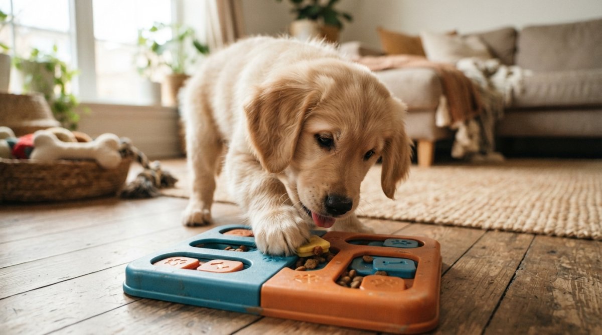 A curious golden retriever puppy working intently on a sliding puzzle toy indoors, nose focused on moving a button to reveal a treat, soft natural window light illuminating the scene