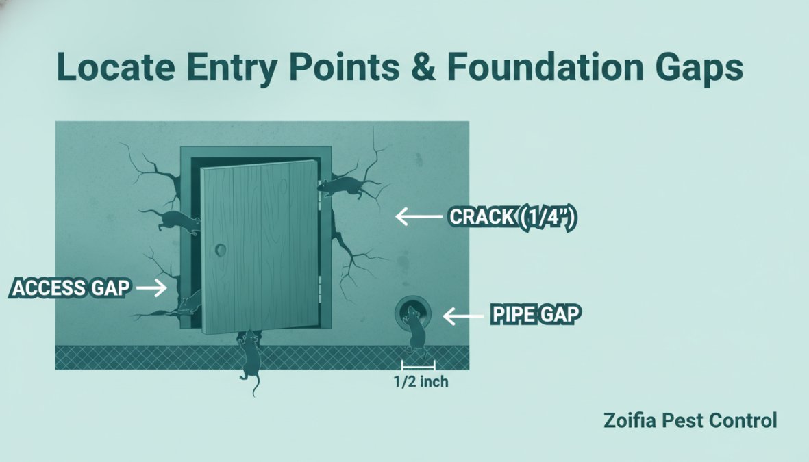 Close-up photograph of foundation cracks and gaps around a crawl space access point, showing daylight penetrating small openings where rodents could enter