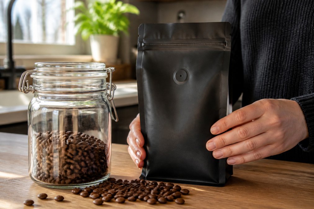 A person holding a matte black one-way valve coffee bag next to a glass airtight container on a kitchen counter, with whole coffee beans scattered nearby and soft morning light coming through a window