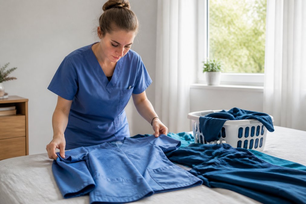 Healthcare worker in clinical setting examining scrubs for stains and checking pockets, with medical scrubs laid out on a bed, natural daylight from window