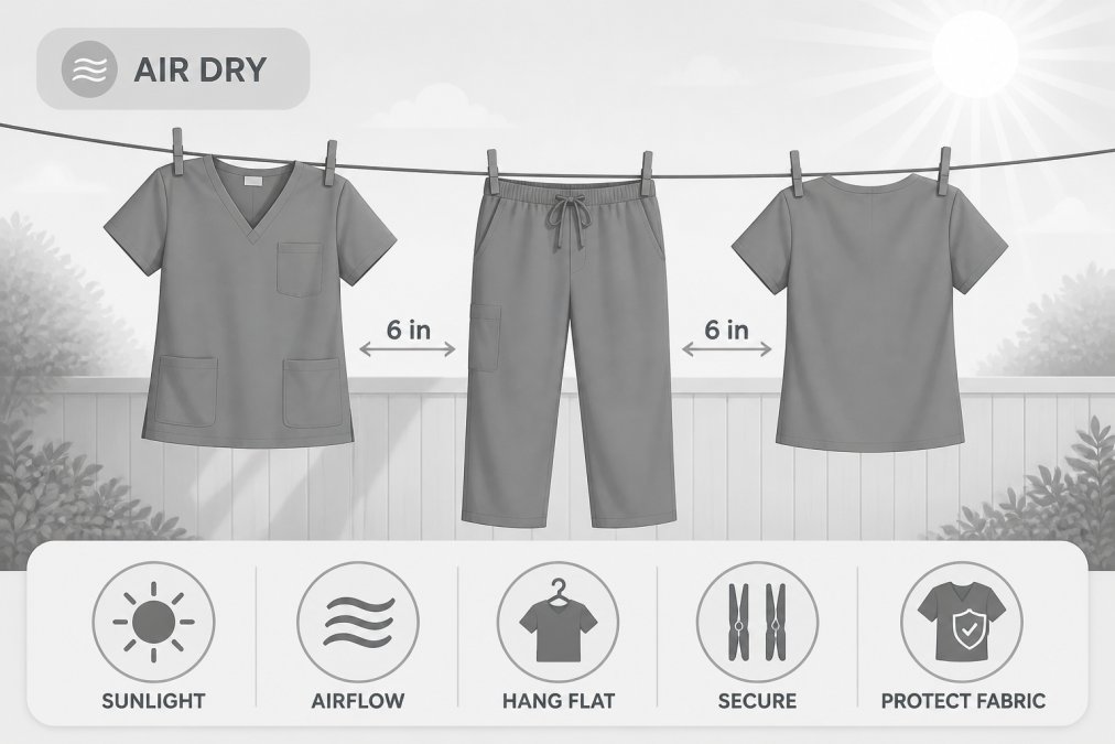 Medical scrubs hanging on a clothesline in natural daylight with fabric stretched flat and properly spaced, showing proper air-drying technique in bright sunlight