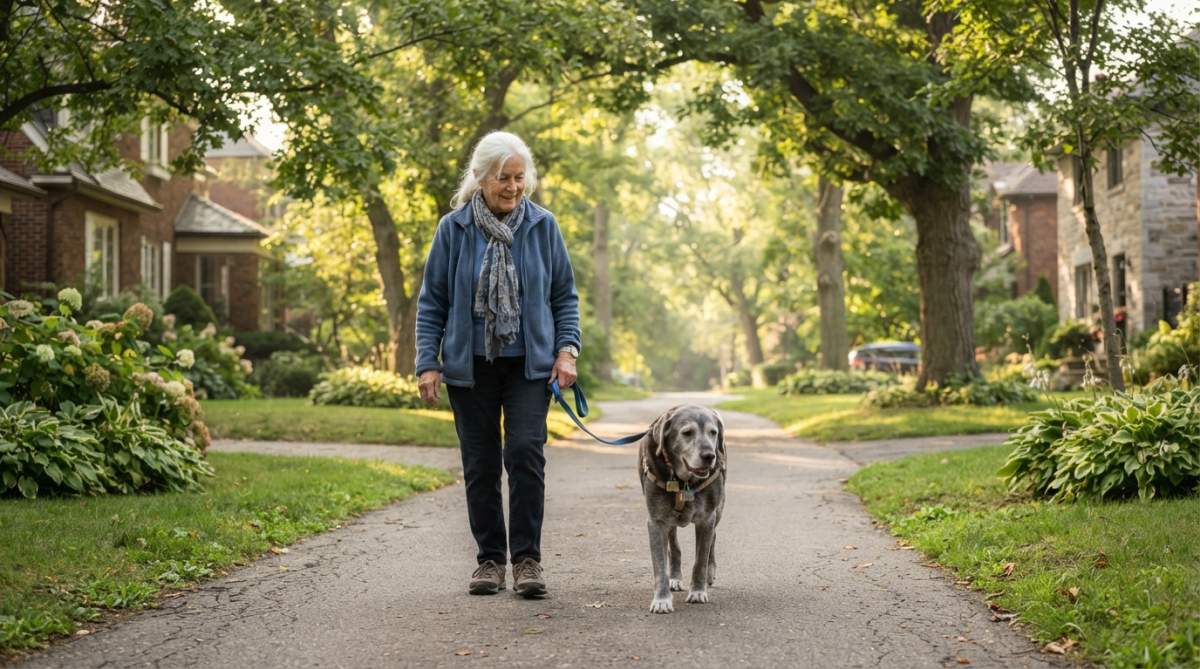 Elderly person walking a gray senior dog slowly on a peaceful residential path lined with trees, morning sunlight filtering through leaves, both moving at a relaxed pace