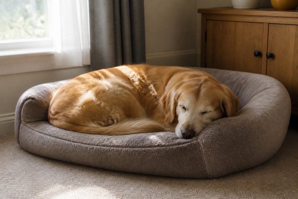 A senior golden retriever curled up asleep on a plush sofa-style dog bed in a living room corner, soft natural light coming from a nearby window