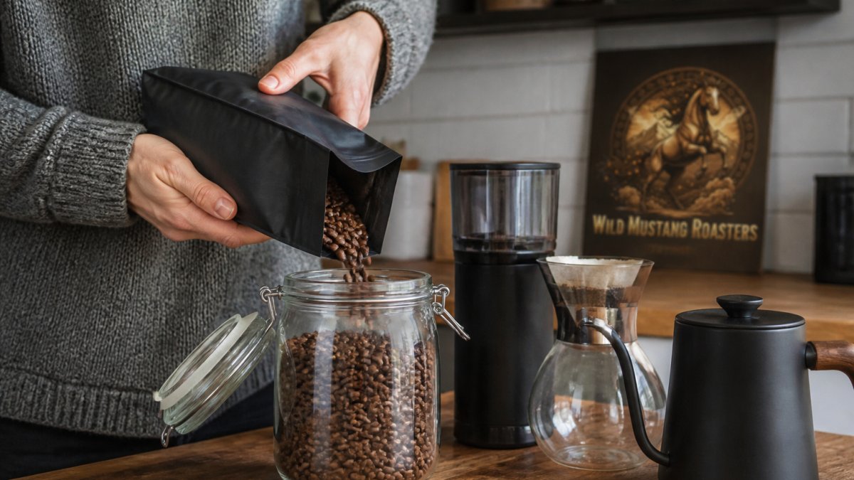 Hands transferring fresh whole coffee beans from a marked bag into an airtight glass storage container