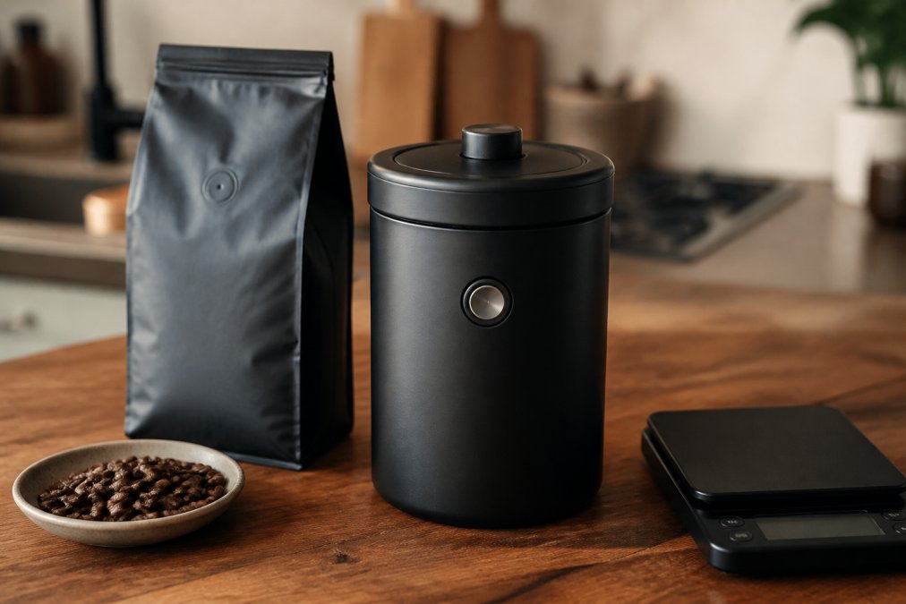A matte black opaque coffee canister with a one-way valve lid sitting on a wooden kitchen counter beside a bag of whole bean coffee and a digital scale