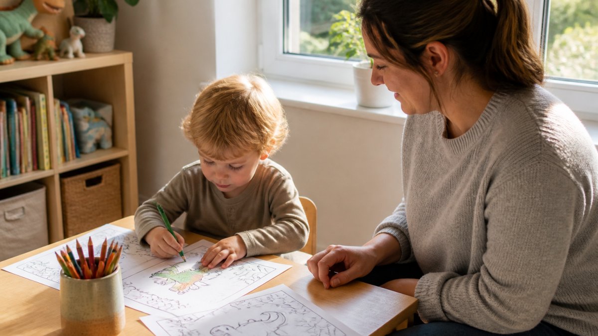 Toddler sitting at a low wooden table with printable colouring pages spread out, coloured pencils in a ceramic cup nearby, parent sitting beside supervising with natural daylight streaming through a window