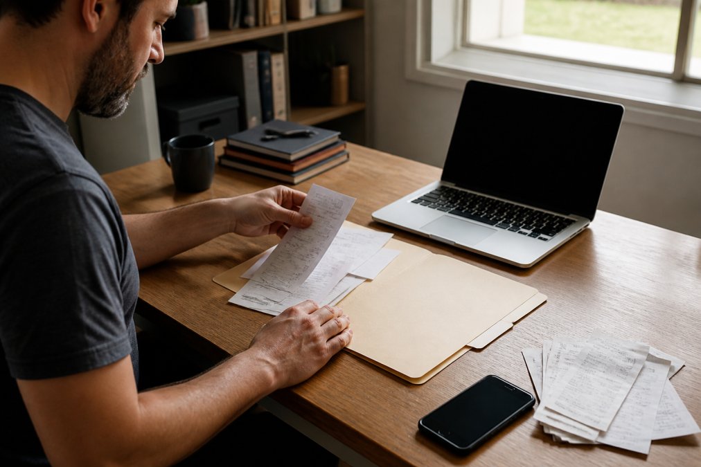 A car owner at a tidy desk sorting service receipts into a folder, a smartphone showing a maintenance app, laptop open nearby, warm afternoon light