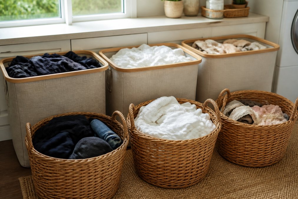 Organized laundry hampers and baskets sorted by color and garment type in a bright home space, showing clear separation of whites, darks, and delicates with labeled containers